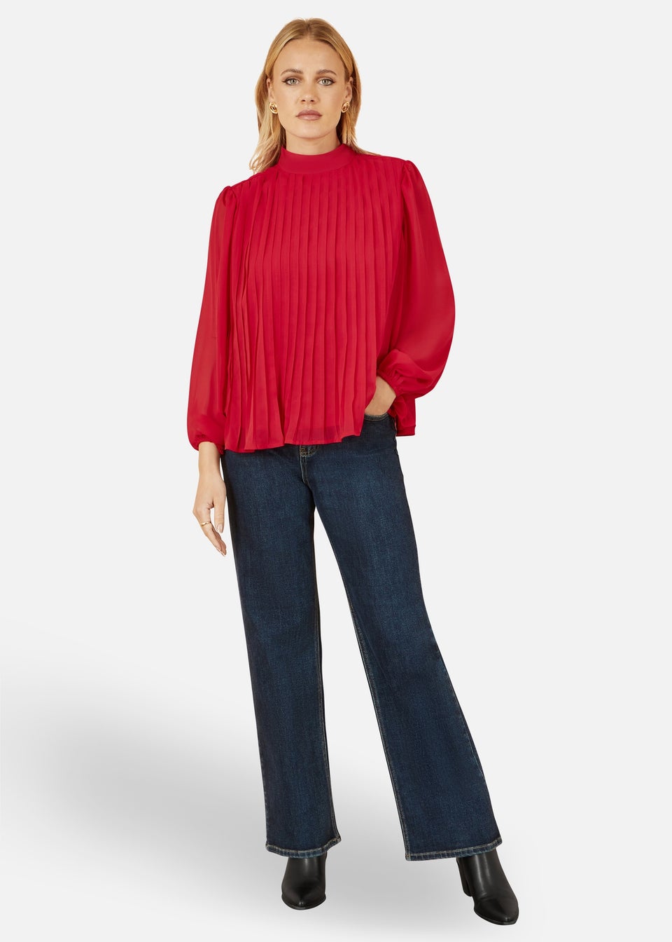 Yumi Red Pleated Long Sleeve Top With High Neck