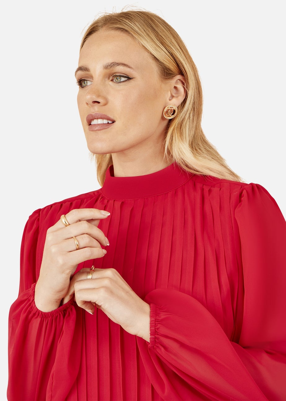 Yumi Red Pleated Long Sleeve Top With High Neck