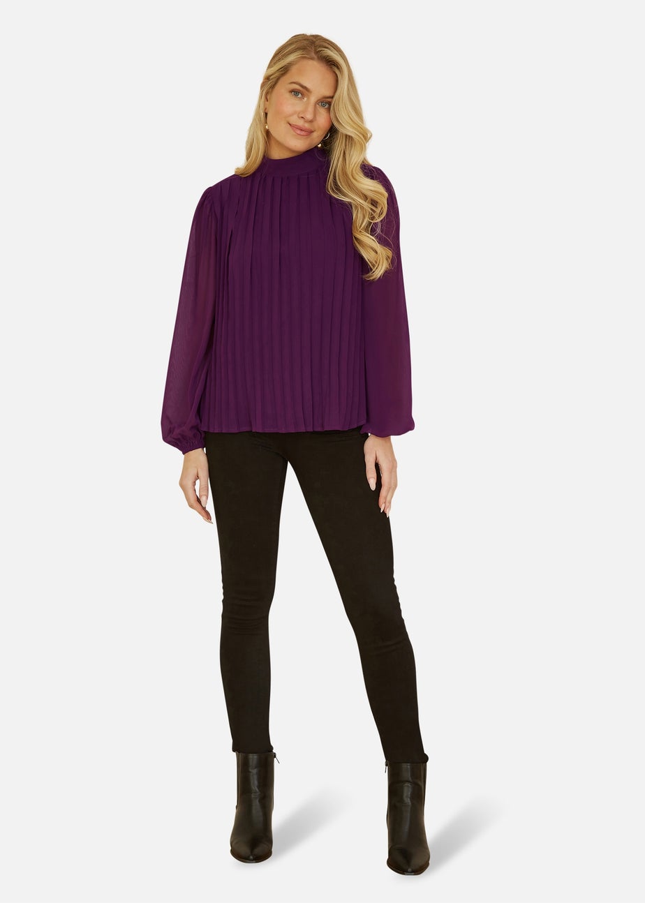 Yumi Pleated Long Sleeve Top With High Neck In Plum