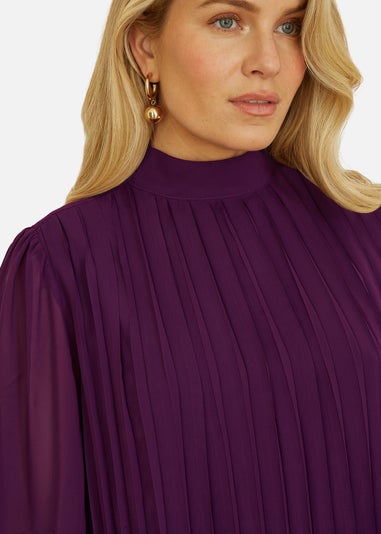 Yumi Pleated Long Sleeve Top With High Neck In Plum