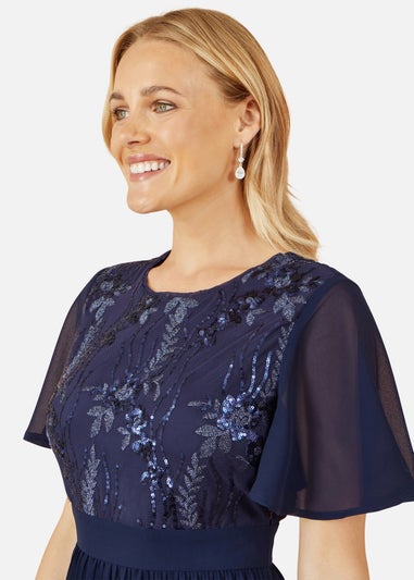 Yumi Navy Sequin Embellished Panel Pleated Midi Dress