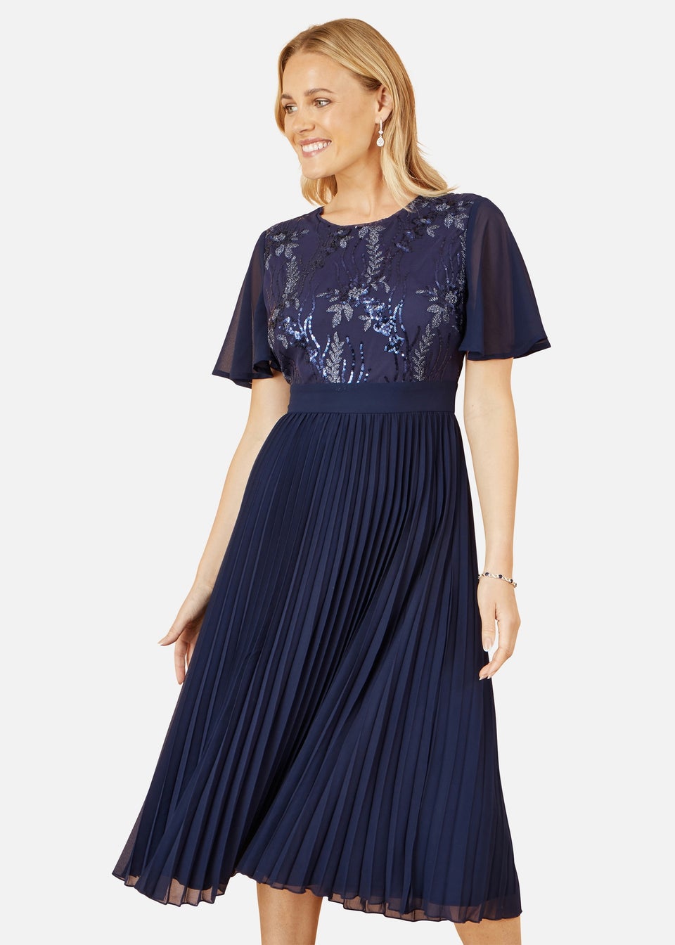 Yumi Navy Sequin Embellished Panel Pleated Midi Dress