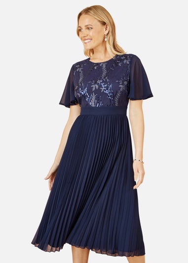 Yumi Navy Sequin Embellished Panel Pleated Midi Dress