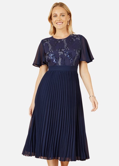Yumi Navy Sequin Embellished Panel Pleated Midi Dress
