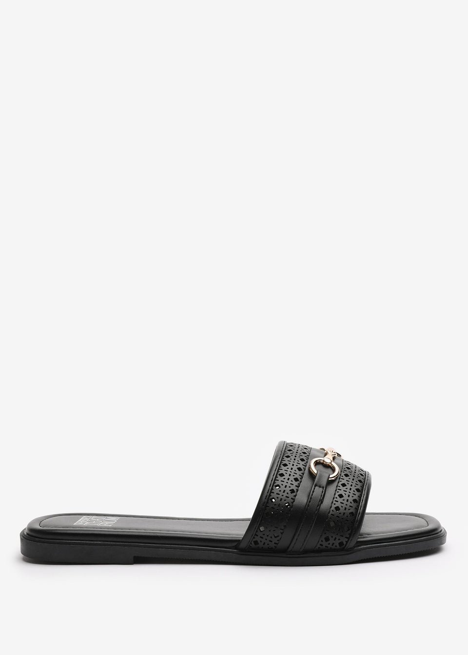 Where's That From Mackenzie Black Sliders With Geometric Metal Strap Detail