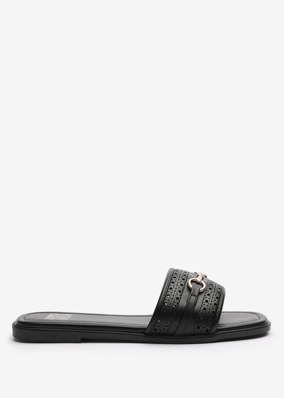 Where's That From Mackenzie Black Sliders With Geometric Metal Strap Detail