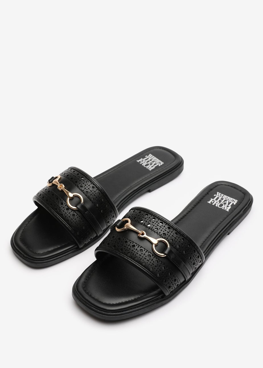 Where's That From Mackenzie Black Sliders With Geometric Metal Strap Detail