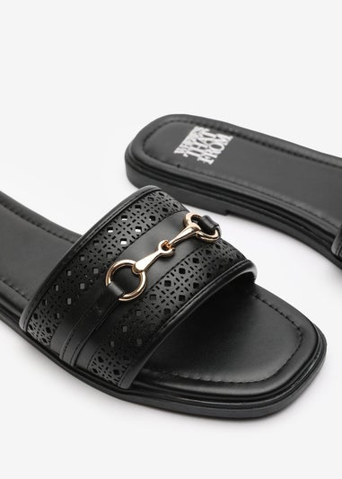 Where's That From Mackenzie Black Sliders With Geometric Metal Strap Detail