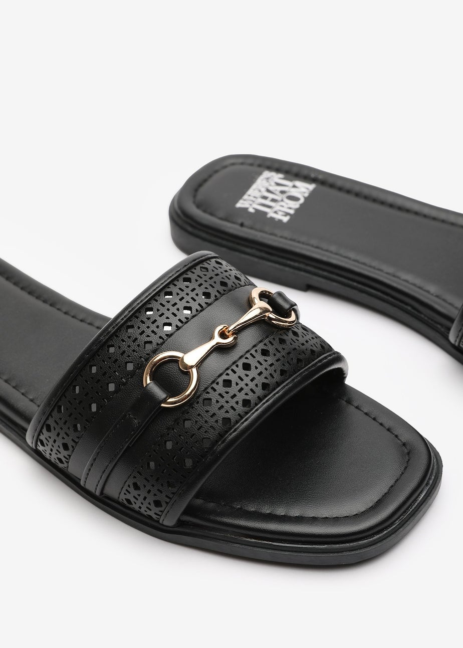 Where's That From Mackenzie Black Sliders With Geometric Metal Strap Detail