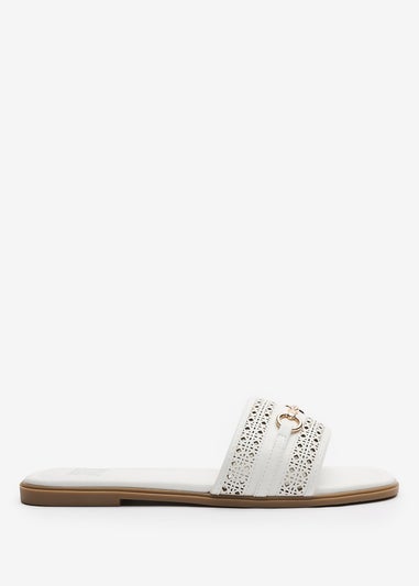 Where's That From Mackenzie White Sliders With Geometric Metal Strap Detail
