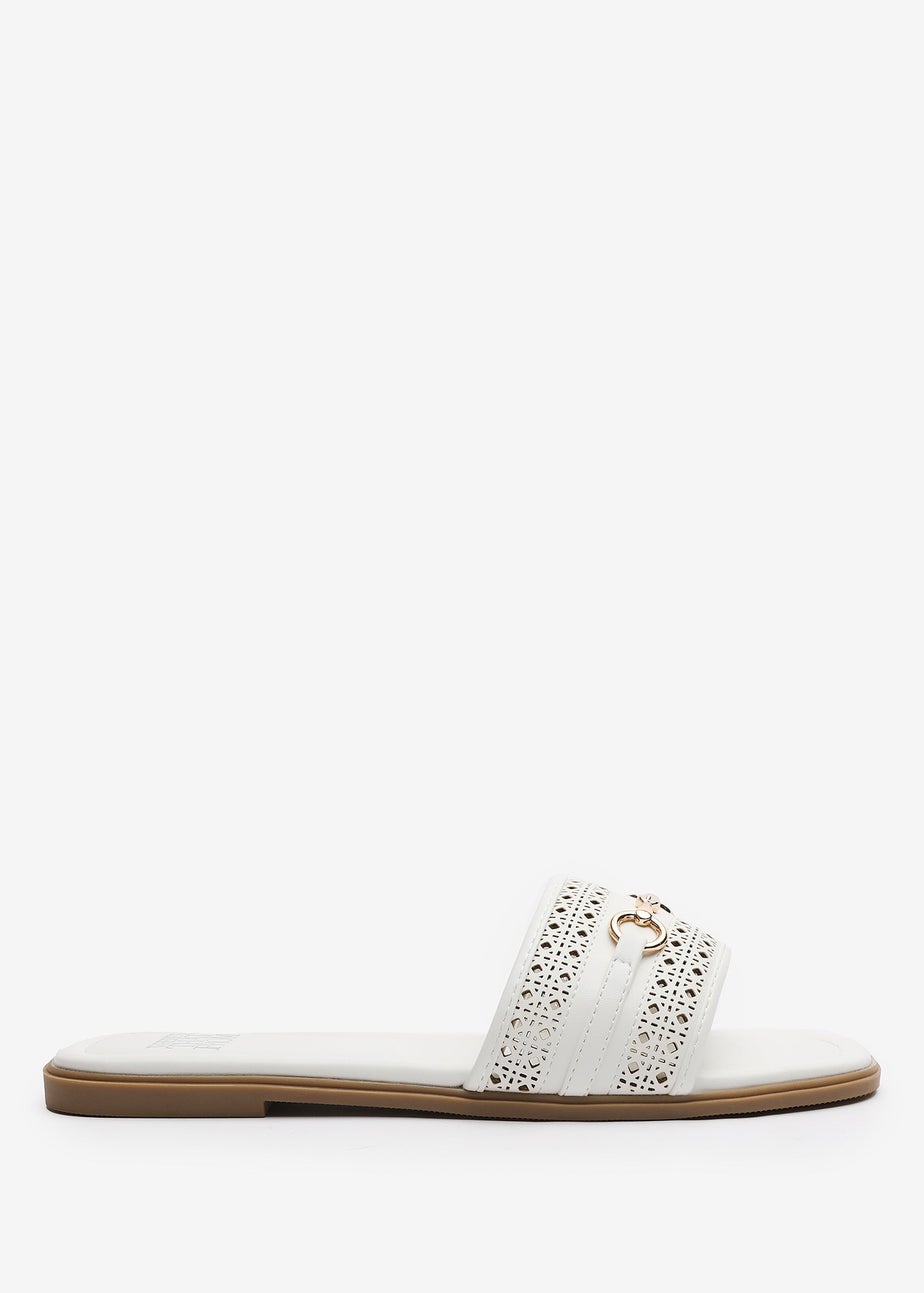 Where's That From Mackenzie White Sliders With Geometric Metal Strap Detail