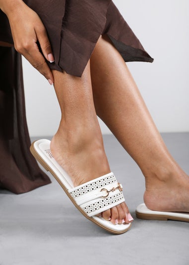 Where's That From Mackenzie White Sliders With Geometric Metal Strap Detail