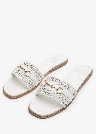 Where's That From Mackenzie White Sliders With Geometric Metal Strap Detail