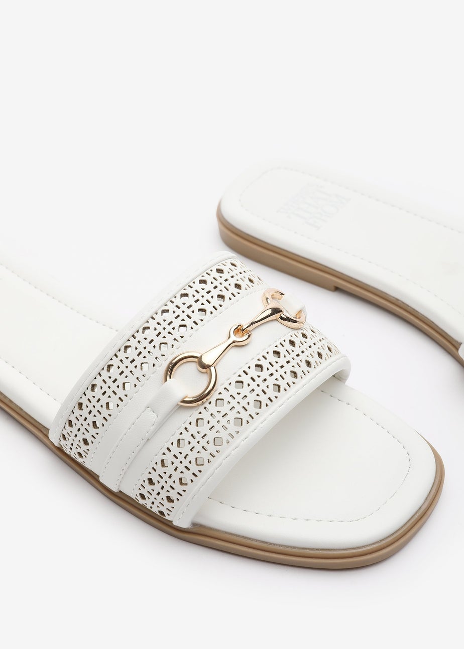 Where's That From Mackenzie White Sliders With Geometric Metal Strap Detail