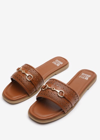 Where's That From Mackenzie Tan Sliders With Geometric Metal Strap Detail