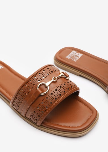 Where's That From Mackenzie Tan Sliders With Geometric Metal Strap Detail