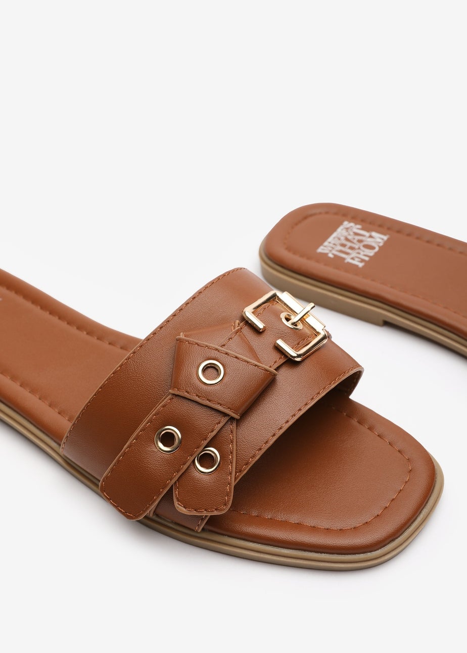 Where's That From Lucy Tan Slip-On Sandals with Buckle Accent
