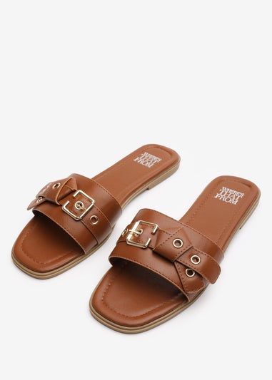 Where's That From Lucy Tan Slip-On Sandals with Buckle Accent