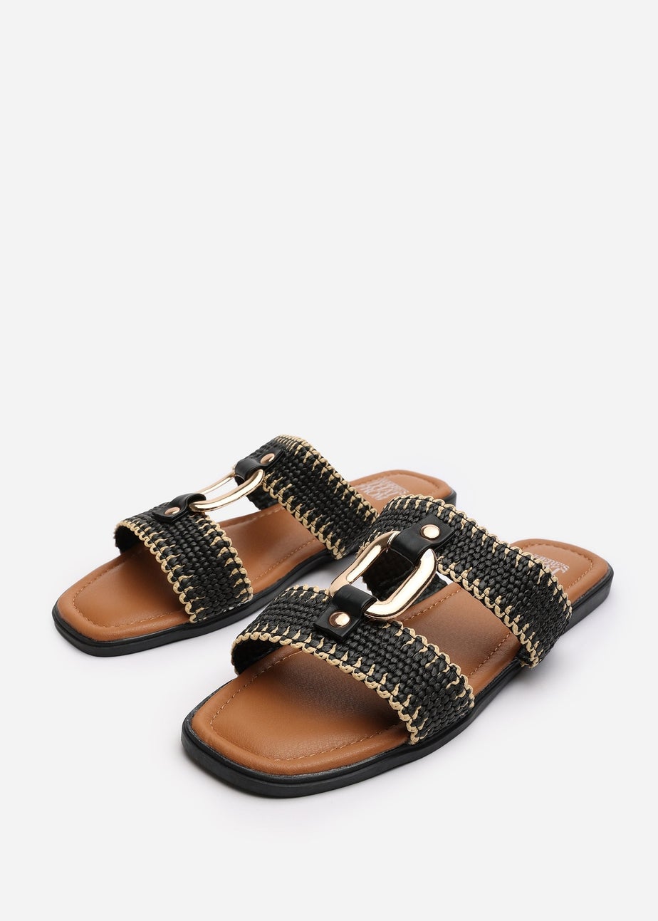 Where's That From Kiara Black Woven Sandals With Metallic Ring Detail