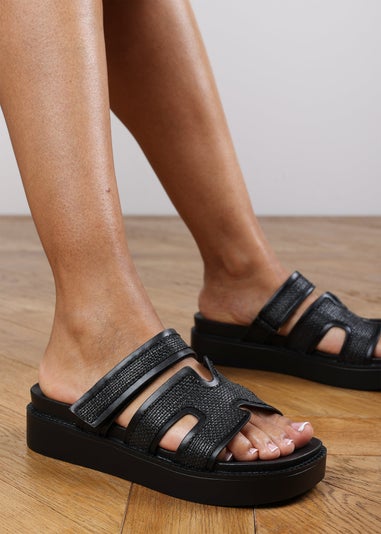 Where's That From Osana Black Flatform Sliders With Cutout Straps