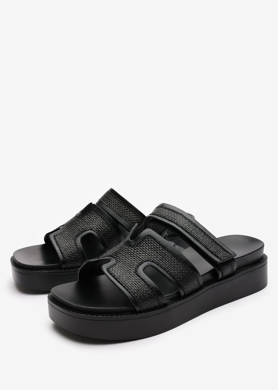 Where's That From Osana Black Flatform Sliders With Cutout Straps