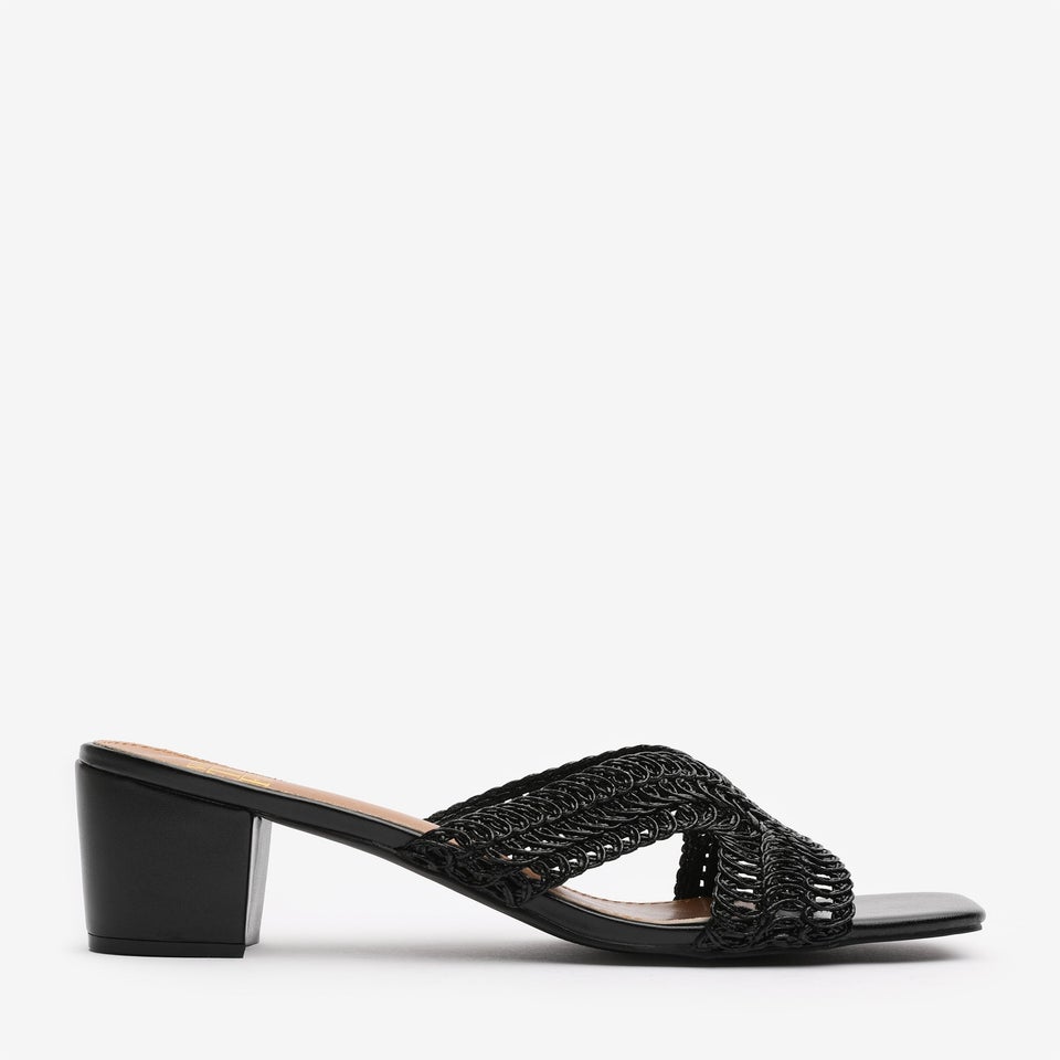 Where's That From Summer Black PU Woven Block Heel Slides