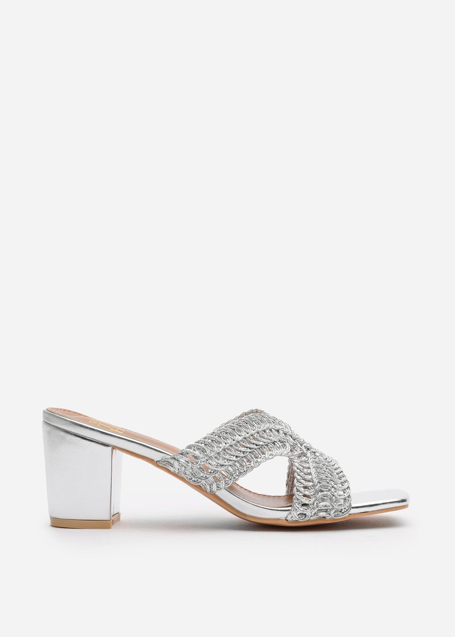 Where's That From Summer Silver Metallic PU Woven Block Heel Slides
