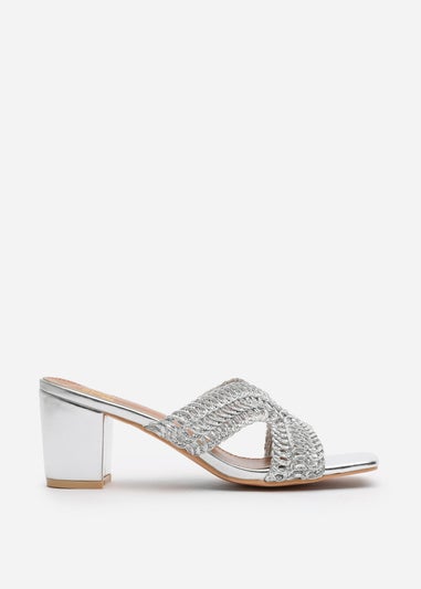 Where's That From Summer Silver Metallic PU Woven Block Heel Slides