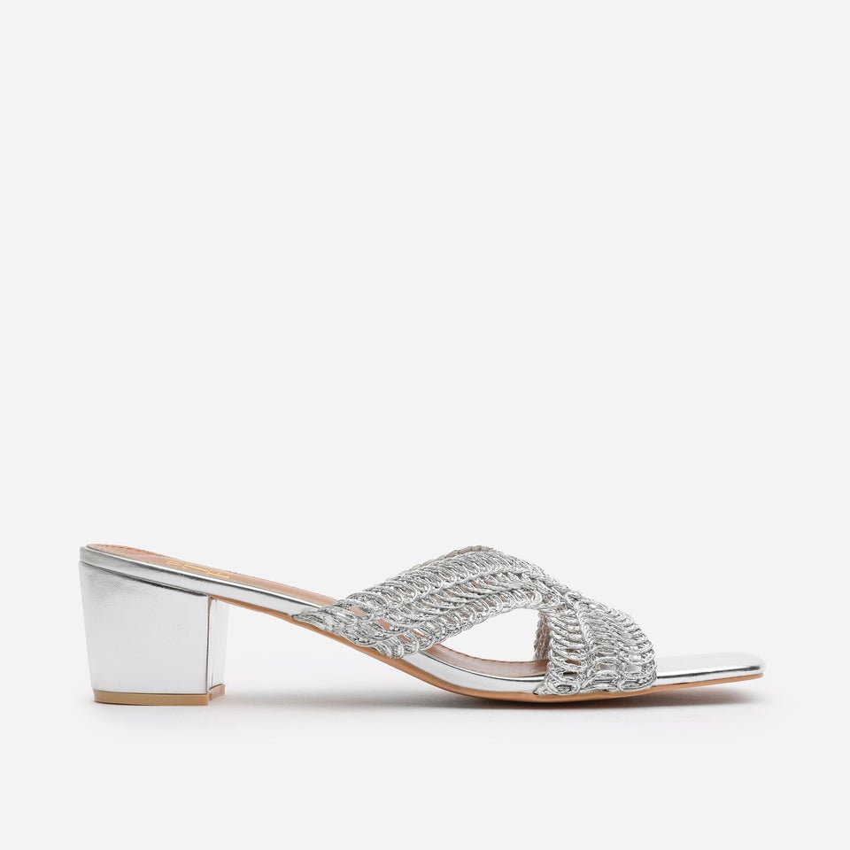 Where's That From Summer Silver Metallic PU Woven Block Heel Slides