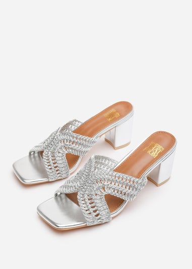 Where's That From Summer Silver Metallic PU Woven Block Heel Slides
