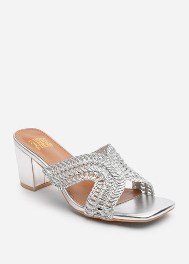Where's That From Summer Silver Metallic PU Woven Block Heel Slides