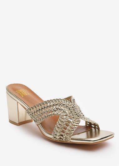 Where's That From Summer Gold Metallic PU Woven Block Heel Slides