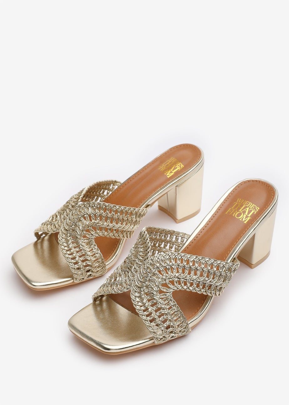 Where's That From Summer Gold Metallic PU Woven Block Heel Slides