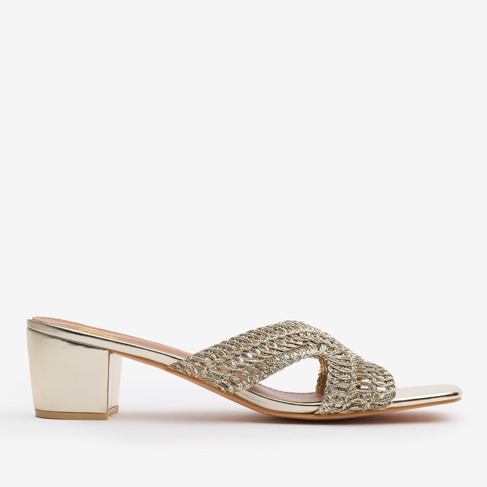 Where's That From Summer Gold Metallic PU Woven Block Heel Slides