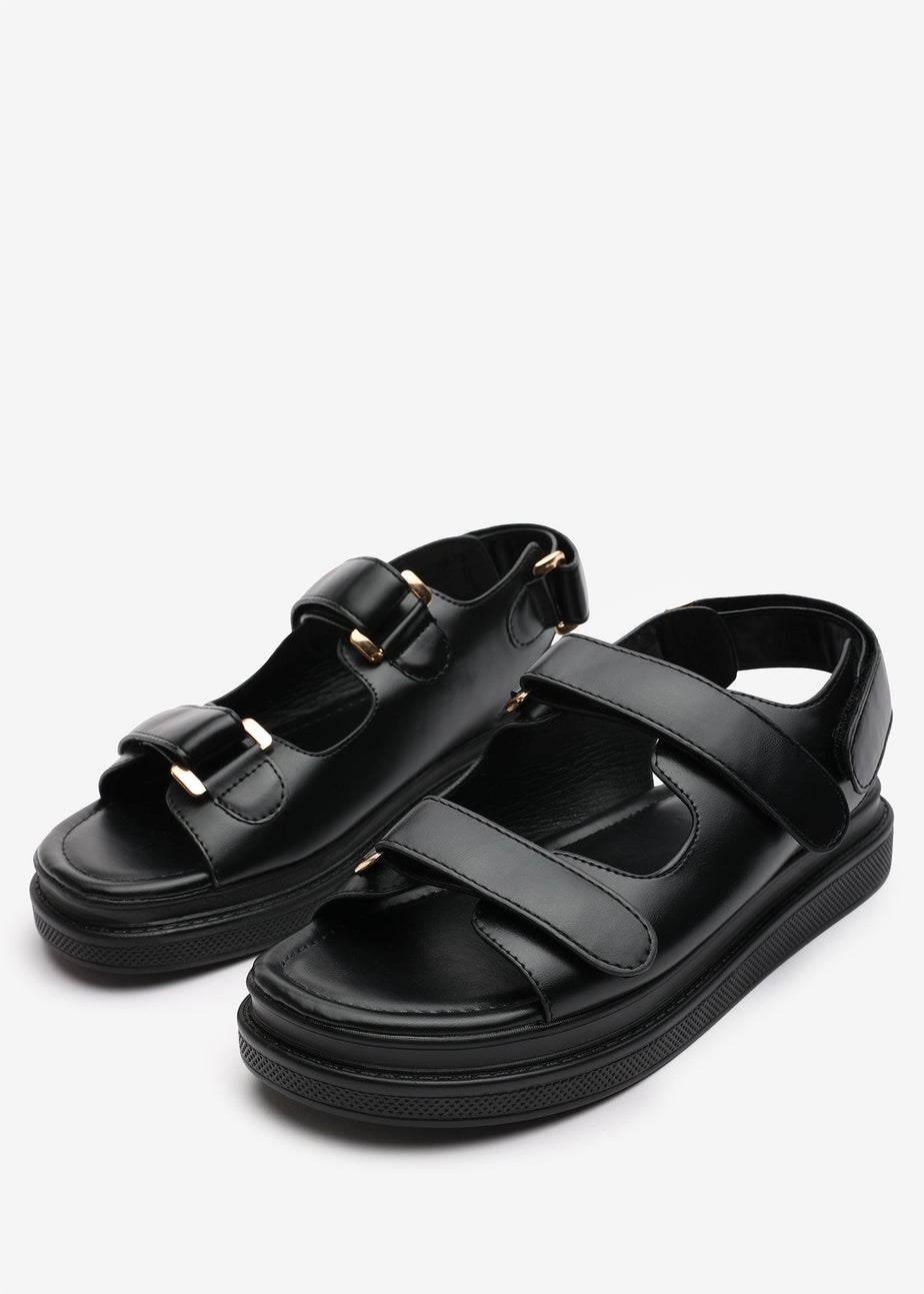 Where's That From Peony Black Flatform Sandals With Velcro Straps