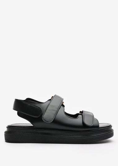 Where's That From Peony Black Flatform Sandals With Velcro Straps