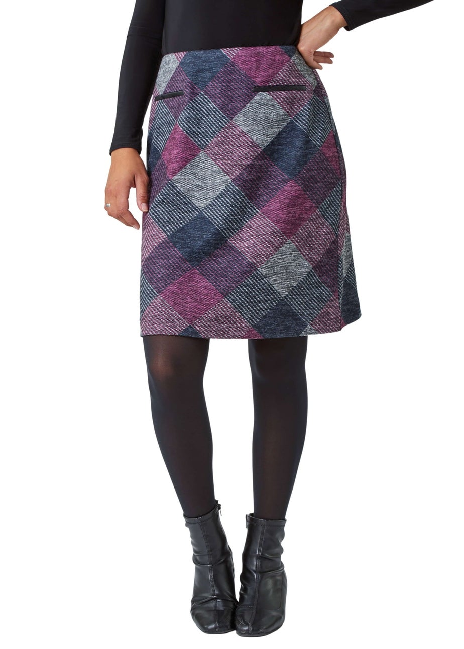 Roman Pink Elastic Waist Check Print Pocket A Line Skirt