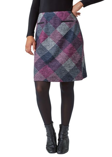 Roman Pink Elastic Waist Check Print Pocket A Line Skirt
