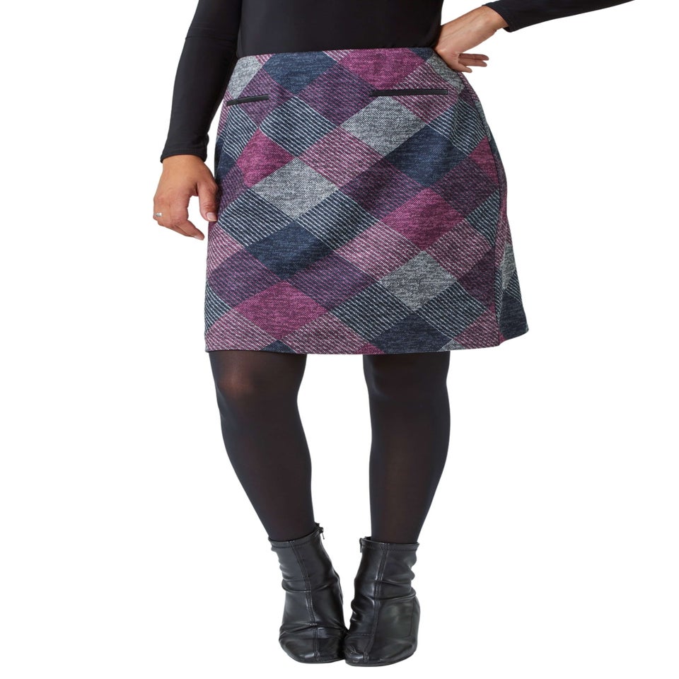 Roman Pink Elastic Waist Check Print Pocket A Line Skirt