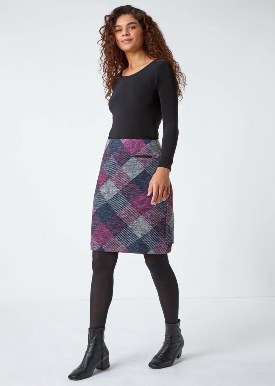 Roman Pink Elastic Waist Check Print Pocket A Line Skirt