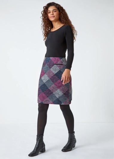 Roman Pink Elastic Waist Check Print Pocket A Line Skirt