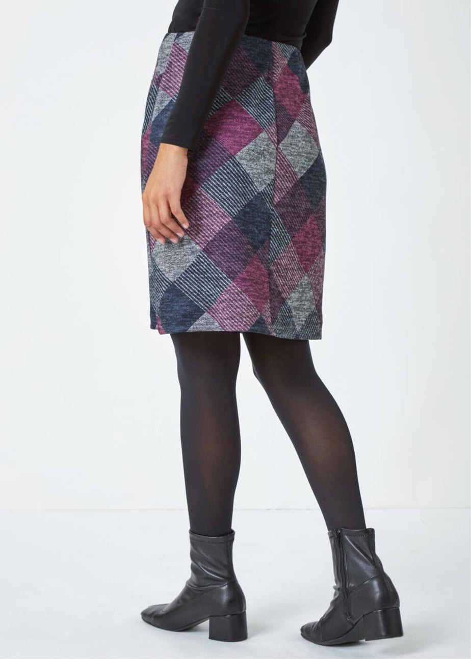 Roman Pink Elastic Waist Check Print Pocket A Line Skirt