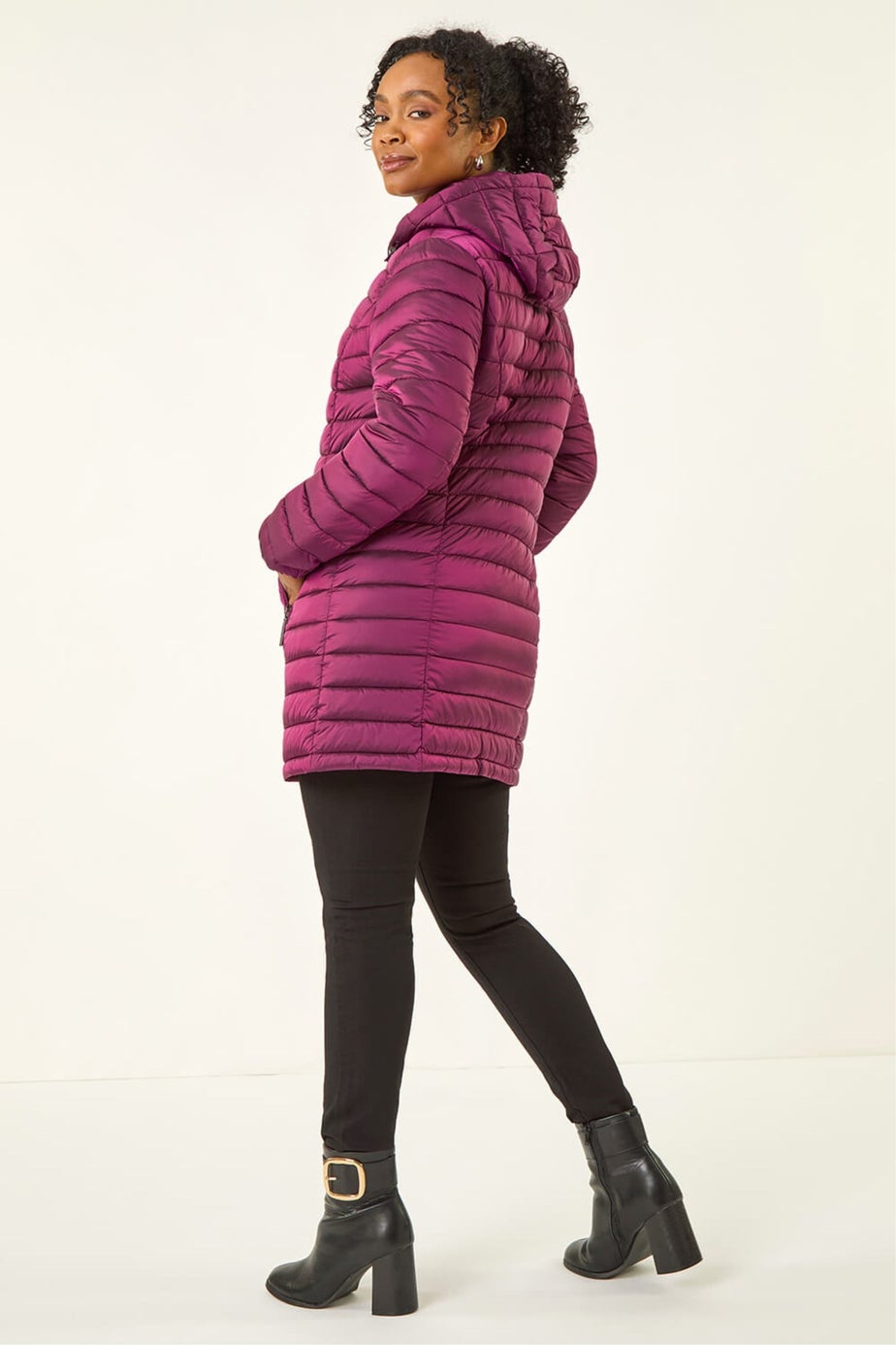 Roman Magenta Petite Metallic Finish Quilted Puffer Coat