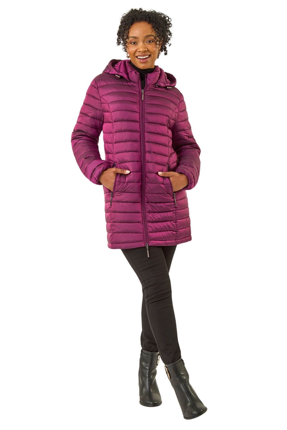 Roman Magenta Petite Metallic Finish Quilted Puffer Coat