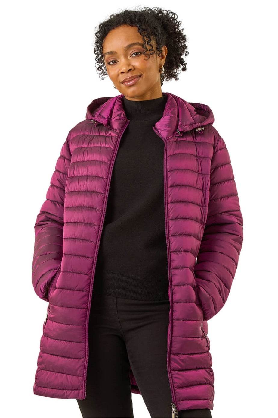 Roman Magenta Petite Metallic Finish Quilted Puffer Coat