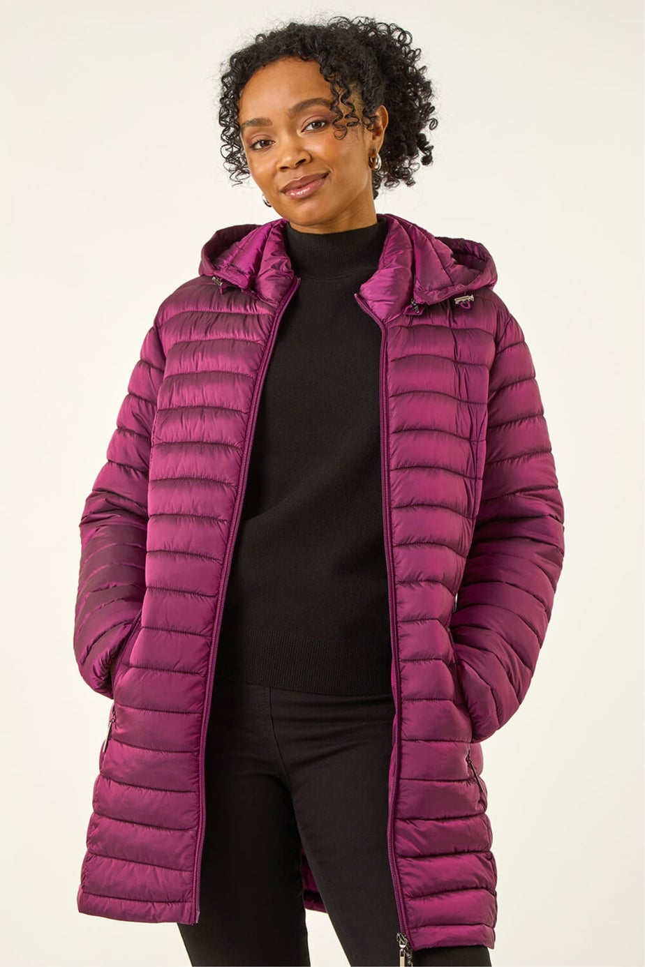 Roman Magenta Petite Metallic Finish Quilted Puffer Coat