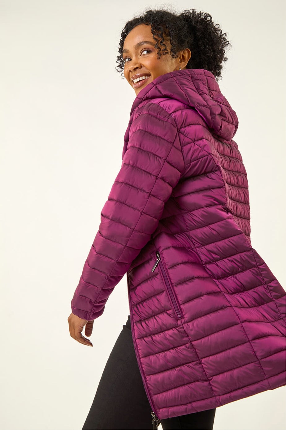 Roman Magenta Petite Metallic Finish Quilted Puffer Coat