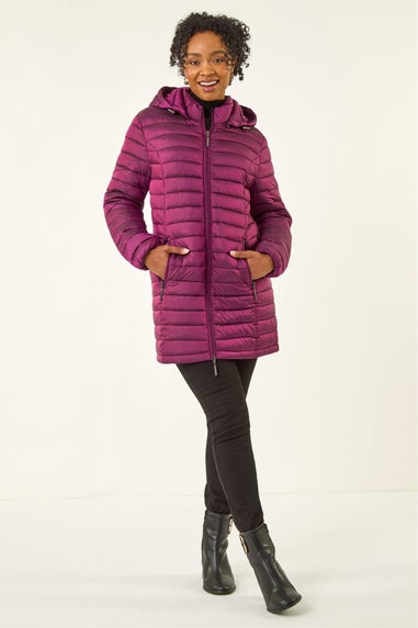 Roman Magenta Petite Metallic Finish Quilted Puffer Coat