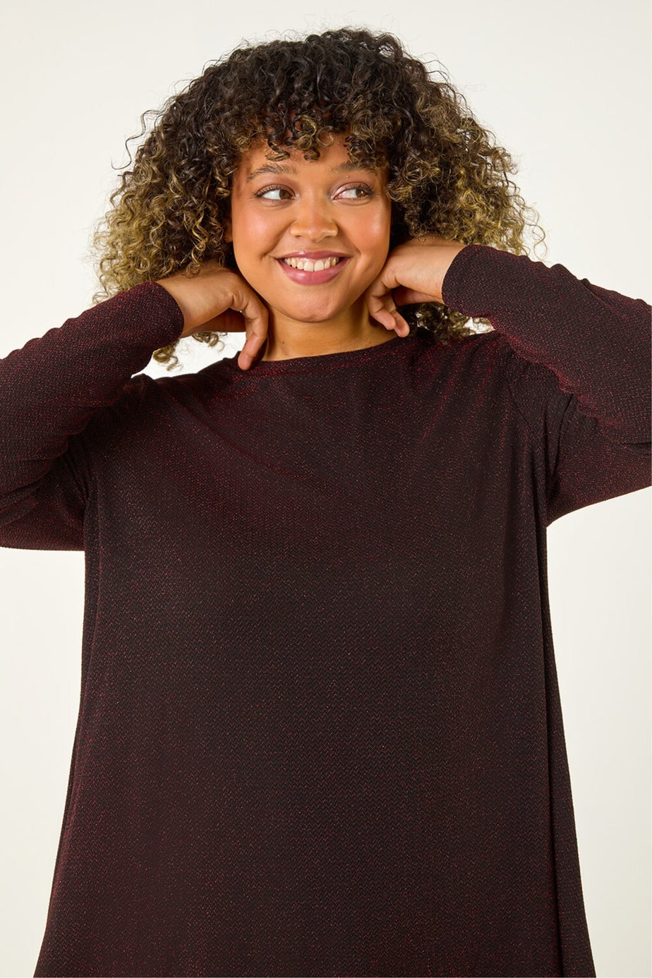 Roman Red Curve Glitter Chiffon Hem Tunic Top