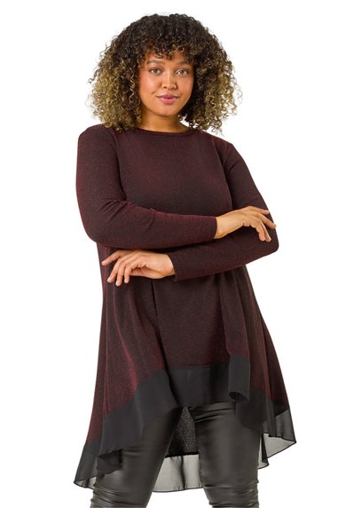 Roman Red Curve Glitter Chiffon Hem Tunic Top